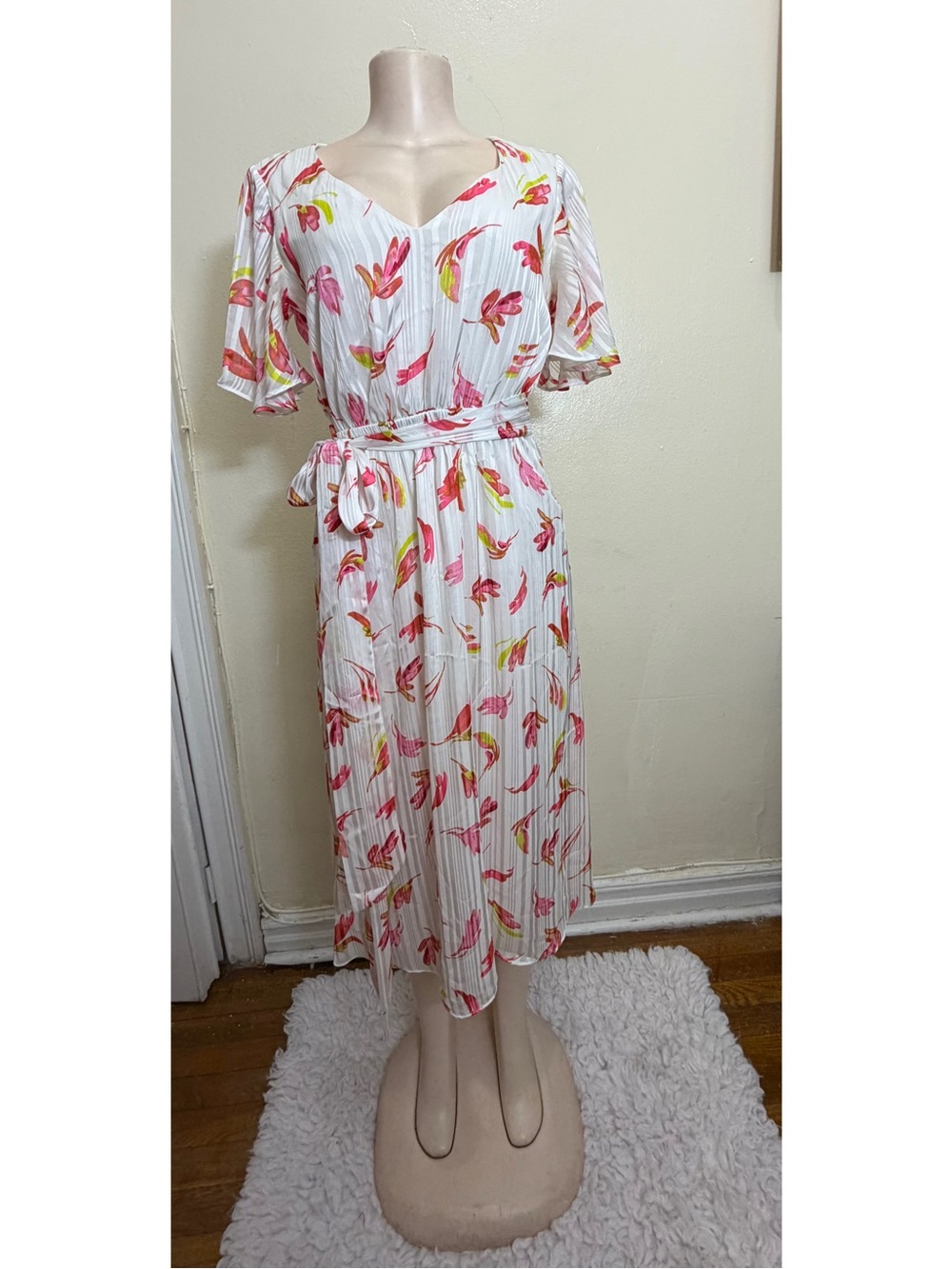 NWOT Anne Klein White Floral Midi Dress with Pink & Yellow Prints
